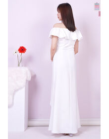Square Neck Frill Shoulder Side Split Ruched Long Dress (White)